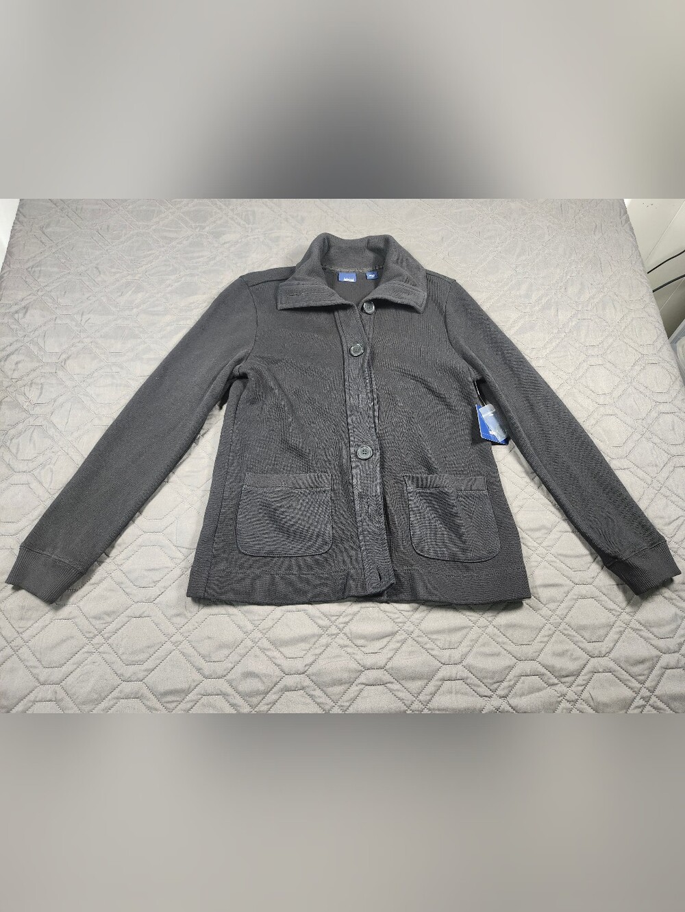 Basic Editions Black button-front cardigan wide ribbed fold-over collar Size S